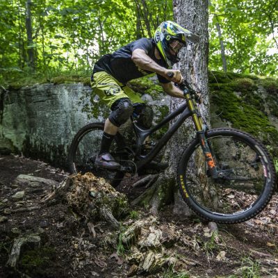 biker riding over roots past big trees and rocks